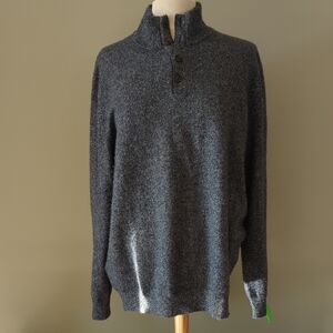 Kinross Men's Cashmere Sweater W/ Quarter Button Mock. Blue And White Marled. XL